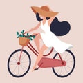 A young woman in a white dress and hat rides a bicycle. Female bike with basket and flowers. Vector flat illustration Royalty Free Stock Photo