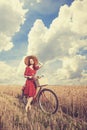 Girl with bicycle on field. Royalty Free Stock Photo