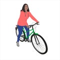 Girl on a bicycle pedal in a tracksuit. Woman on a bike. Bicycling. Stylish female hipsters on a bike, full face view, isolated