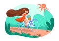 A girl on a bicycle, a red dress, a basket of flowers and flying long hair. Cheerful summer illustration girl riding a bike Royalty Free Stock Photo