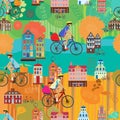 Girl on a bicycle. Summer. Autumn. Vector seamless pattern.