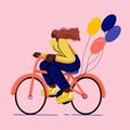 Girl on bicycle trendy colourful flat style