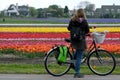 A girl on a bicycle with tulips in Netherlands