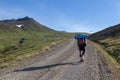 Girl with big backpack hiking alone in the middle.