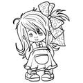 Girl with a big bow on her head and in big boots dressed in a cute sundress with front pocket, outline drawing, isolated Royalty Free Stock Photo