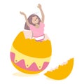 Girl in big cracked Easter festive egg. Festive spring illustration can be used for Easter design templates Royalty Free Stock Photo