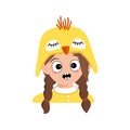 Girl with big eyes and emotions panic, surprised face, shocked eyes in yellow chicken hat Royalty Free Stock Photo