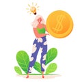 Girl with big gold coin dollar symbol, metaphor for an idea