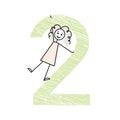 girl with big green number two birthday gift card, second grade and doodle vector illustration