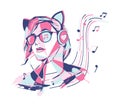 Girl in big headphones listening to music. An abstract image of a music lover, love of music, notes and sound.