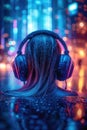 A girl in big headphones in the night neon light. Musical accompaniment of a night disco with neon lighting