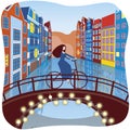 Girl on a bike on a bridge in old amsterdam or europe, flat vector stock illustration with woman cyclist, bicycle, gerland with Royalty Free Stock Photo