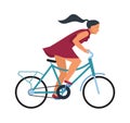 Girl on bike. Cartoon woman riding bicycle fast. Profile view of young female on wheel transport. Isolated hurrying