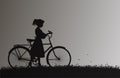 Girl with bike on the field with grass and flower, childhood memories,