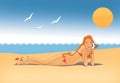 Girl in a bikini is crouching on the seashore under the bright summer sun. The girl holds a wax-shell in her ear and listens to Royalty Free Stock Photo