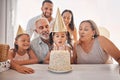 Girl, birthday cake and candles for happy family at party, celebrate or together in home. Child, black family and Royalty Free Stock Photo