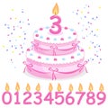 Pink birthday cake, confetti, ribbons and candles. Vector illustration