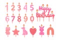 Girl birthday candles set in pink colors, number candles, different shapes, isolated on white, EPS10 vector illustration Royalty Free Stock Photo