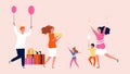 Girl birthday party. Family festive, happy people with gifts, balloons and cake. Parenthood and friendship, children and Royalty Free Stock Photo