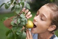 Girl biting a pear Royalty Free Stock Photo