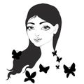 Girl and black batterfly. Vector hand draw illustration.