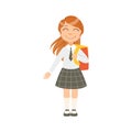 Girl In Black Checkered Skirt And Tie Happy Schoolkid In School Uniform Standing And Smiling Cartoon Character