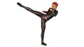 Girl in black costume performing high kick, redhead girl isolated on white