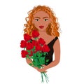 The girl in black dress with a bouquet of red roses in her hands, beautiful red-haired woman with makeup, beautiful