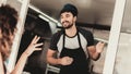 Girl in Black Dress Buying Snacks in Food Truck. Promenade in Town. Summer Day. Girl in Black Dress. Street Food Concept. Cup of