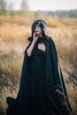 A girl in a black dress, a cloak with a hood stands in a high dry grass in the field against the background of the forest. Witch C Royalty Free Stock Photo