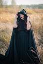 A girl in a black dress, a cloak with a hood stands in a high dry grass in the field against the background of the forest. Witch C