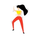 Girl with black hair dances in a yellow T-shirt and red pants Zumba dance. hands up