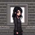 Girl with black hair and dark makeup, black dress, dark and gloomy atmosphere, pixelart