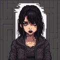 Girl with black hair and dark makeup, black dress, dark and gloomy atmosphere, pixelart