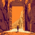 Sci-fi Anime Style Orange Door Painting Leading To The Desert