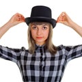 Girl in a black silk hat, isolated on white Royalty Free Stock Photo