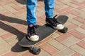 Girl in black sneakers on a skateboard. Feet on a skateboard