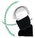 Girl in black sweater, vector or color illustration