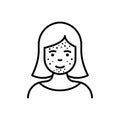 Girl with Blackhead, Acne, Rash on Face Line Icon. Woman with Pimples Linear Pictogram. Allergy, Inflammation Skin