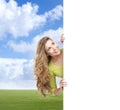 Girl with a blank banner. Perfect space to put any text. Royalty Free Stock Photo