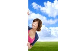 Girl with the blank banner. Perfect space to put any text. Royalty Free Stock Photo