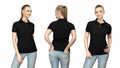 girl in blank black polo shirt mockup design for print and template woman in T-shirt front half turn side back view isolated Royalty Free Stock Photo