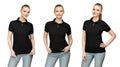 Girl in blank black polo shirt mockup design for print and template young woman in T-shirt front and half turn side view isolated Royalty Free Stock Photo