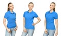 Girl in blank blue polo shirt mockup design for print and concept template young woman in T-shirt front and half turn side view Royalty Free Stock Photo