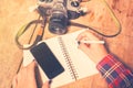 Girl with blank cell phone, diary and old camera Royalty Free Stock Photo