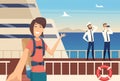 Girl blogger on sea cruise. Selfie on background of captain of ship, water voyage vector illustration Royalty Free Stock Photo