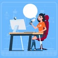 Girl Blogger Sit At Computer Streaming Video Blogs Creator Popular Vlog Channel Royalty Free Stock Photo