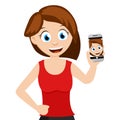 Girl blogger takes pictures of herself on a mobile phone on a white background. Character