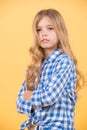 Girl with blond long hair in blue plaid shirt pose Royalty Free Stock Photo