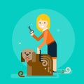 Girl combing a dog. Dog grooming.